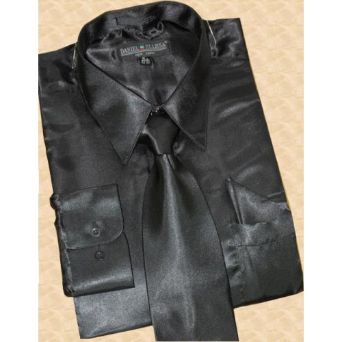 Daniel Ellissa Satin Black Dress Shirt/Tie/Hanky Set